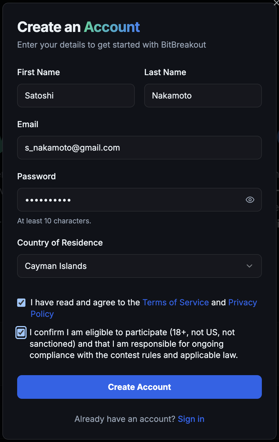 BitBreakout sign-up form