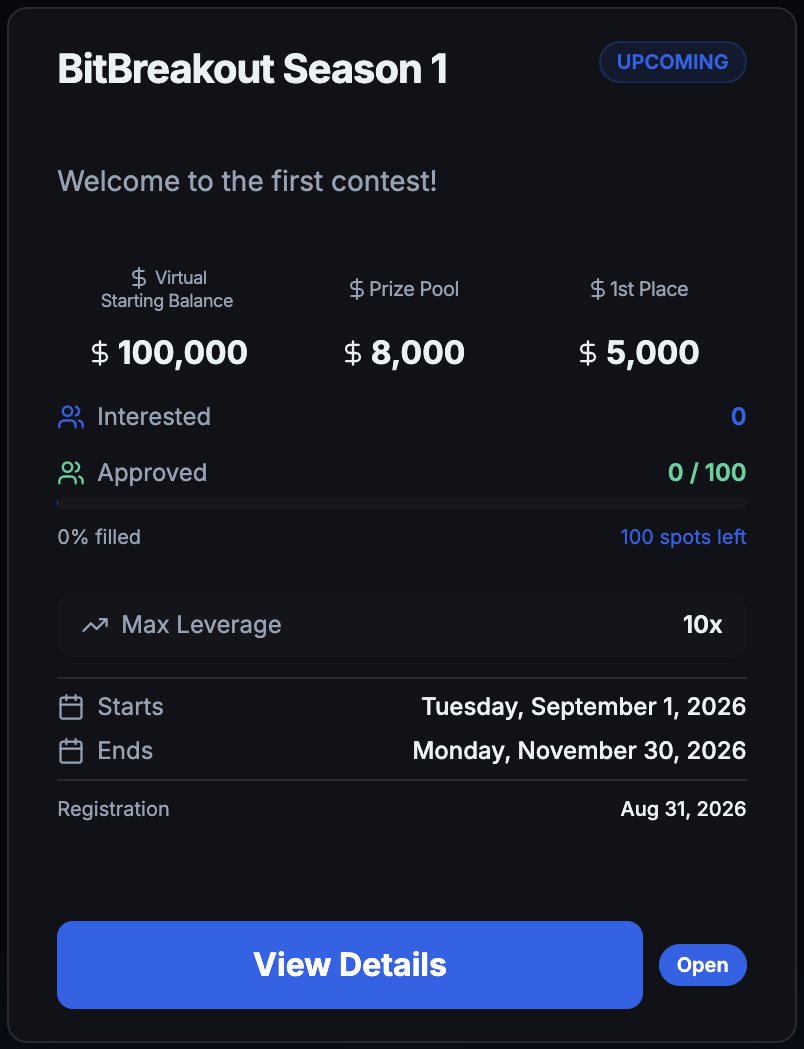 Contests page with a contest card